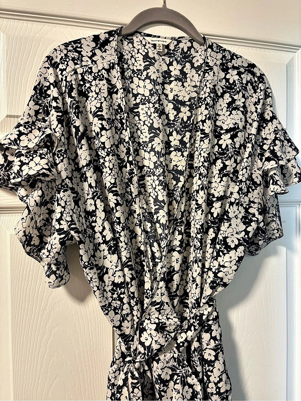 Max Studio Black and White Floral Ruffle Wrap Dress Floral Wrap Midi Dress Black